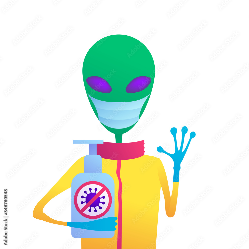 Fototapeta premium Cute alien friend visiting earth planet with liquid antiseptic. Extraterrestrial humanitarian aid to combat coronavirus disease vector illustration. Green humanoid in medical mask with hands sanitizer