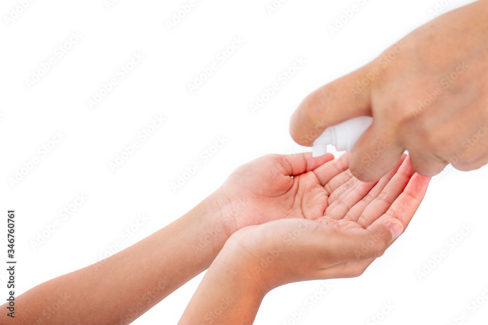 Mother teaches children to wash their hands with alcohol gel isolated on white background Mother teaches children to wash their hands with alcohol gel isolated on white background