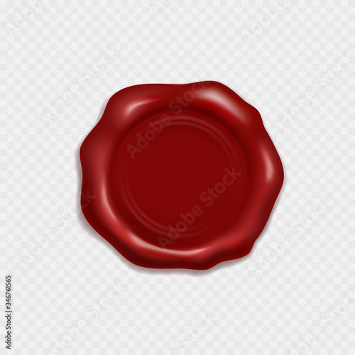 Stamp or wax seal isolated on transparent background. Vector red certificate quality symbol. 3d old realistic round medieval decorative element design.