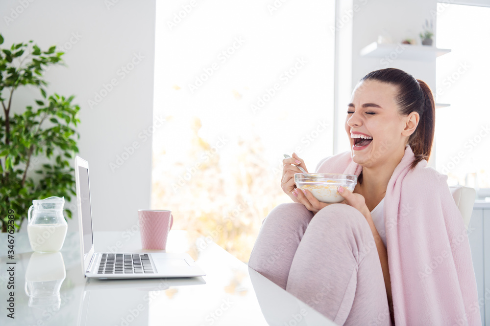 Profile photo of pretty homey housewife lady cozy sit morning kitchen covered blanket notebook watch movie have breakfast eat corn flakes laughing stay home quarantine indoors Profile photo of pretty homey housewife lady cozy sit morning kitchen covered blanket notebook watch movie have breakfast eat corn flakes laughing stay home quarantine indoors