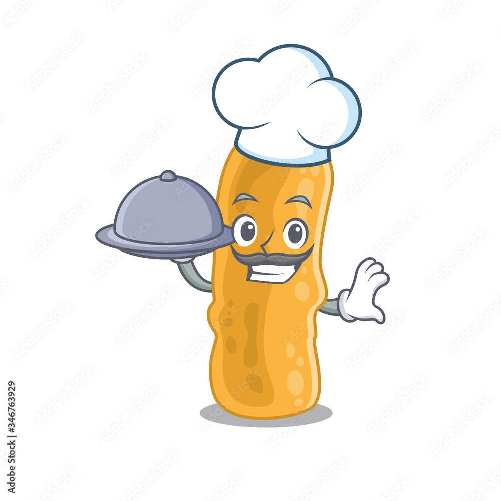Shigella flexneri chef cartoon character serving food on tray Shigella flexneri chef cartoon character serving food on tray