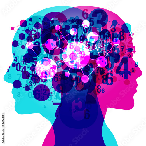 A Male and Female side silhouette profile overlaid with various blending semi-transparent numerals and network grid node shapes. Overlaid at the centre is a semi glowing network arrangement detail.