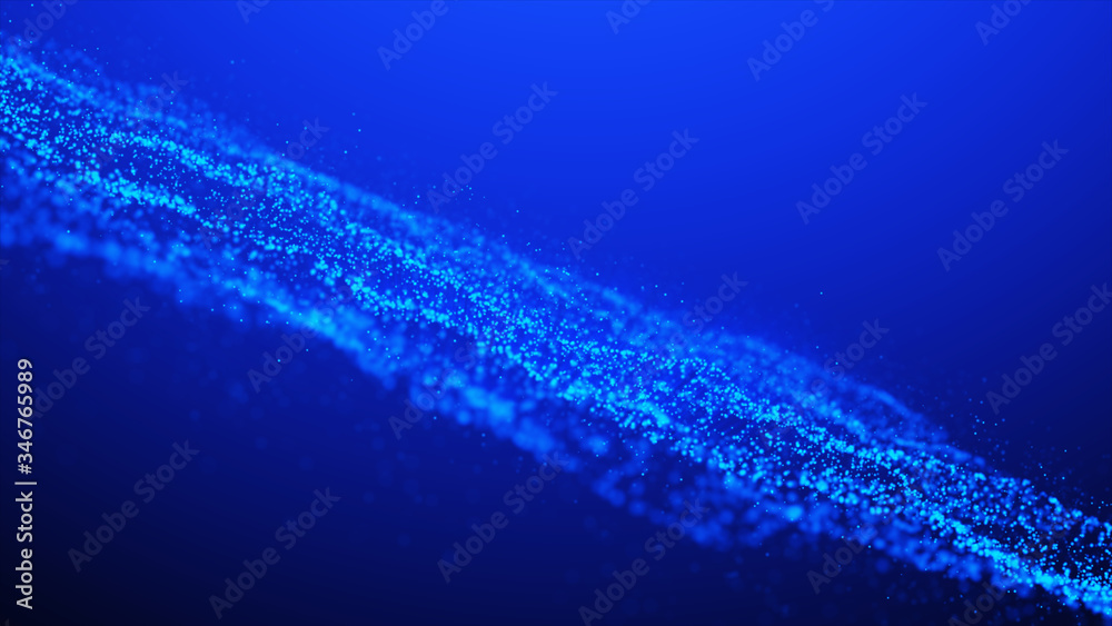 Blue abstract color wave with flowing small particles dance motion on wave and light abstract background.