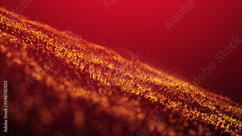 Gold abstract color wave with flowing small particles dance motion on wave and light abstract background