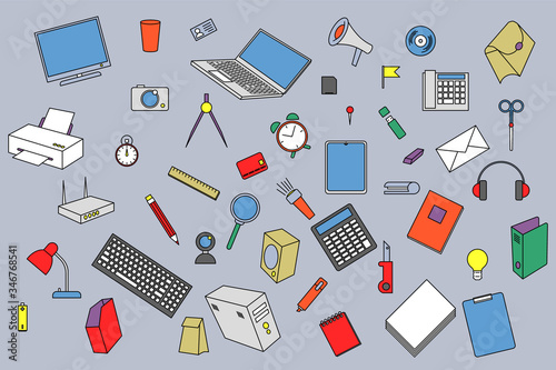 Multicolored computer equipment, stationery on a gray background in random order. Vector graphic for school, office, university banner. Small and large detailed objects. Back to school. Working mess.