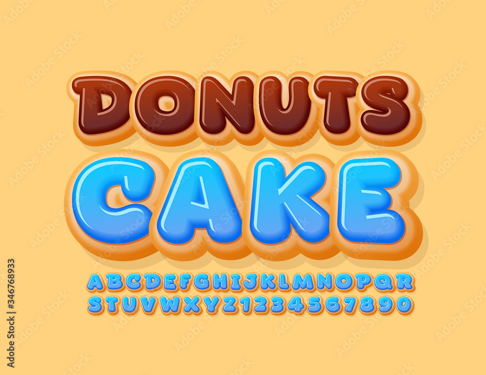 Vector tasty logo Donuts Cake with Blue Glazed Alphabet Letters and Numbers. Sweet delicious Font Vector tasty logo Donuts Cake with Blue Glazed Alphabet Letters and Numbers. Sweet delicious Font