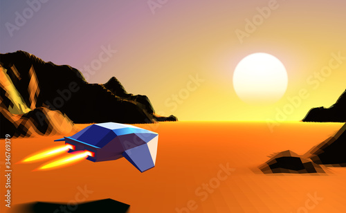 Fototapeta Naklejka Na Ścianę i Meble -  Arcade space ship flying to the sun in orange corridor or canyon landscape with 3D mountains, 80s style synthwave or retrowave scenic view