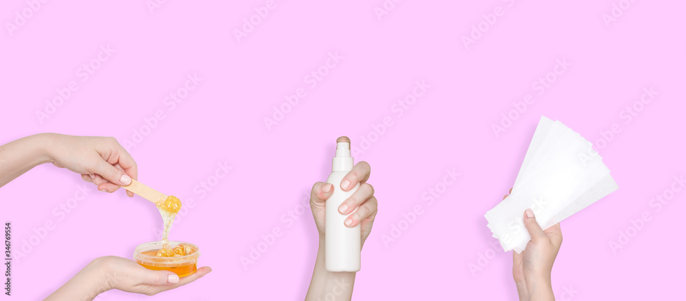 Sugar paste for sugaring, strips and lotion. Depilation and hair removal products. Pink background.