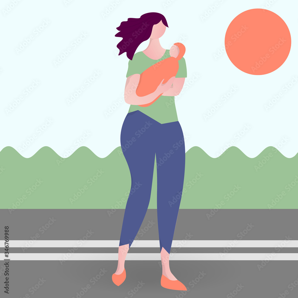 Woman carrying baby on her hands on a street. Simple vector illustration with landscape and sun in the sky. Cute colorful character in trendy cartoon flat style. Mother with newborn child boy or girl