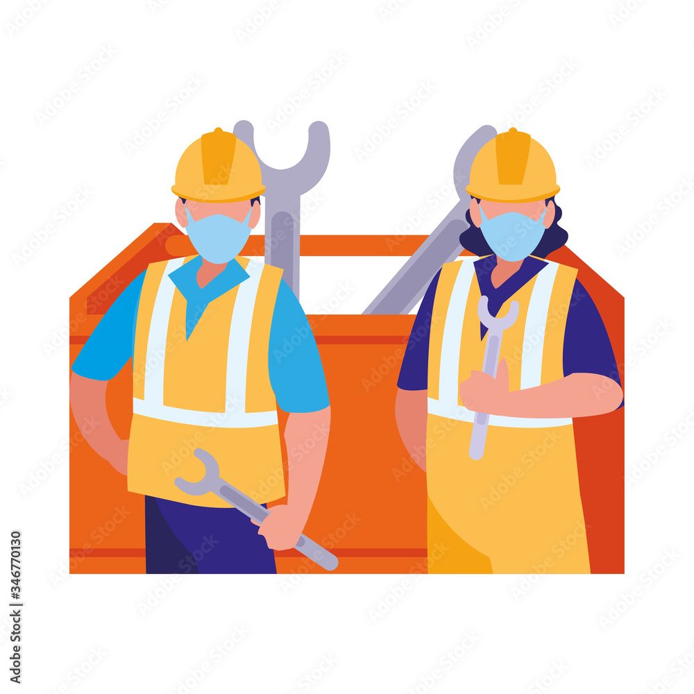 men working with tools and mask men working with tools and mask