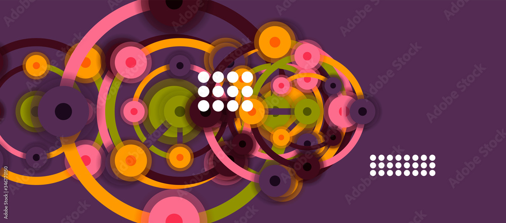 Flat style geometric abstract background, round dots or circle connections on color background. Technology network concept.