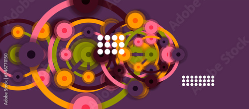 Flat style geometric abstract background, round dots or circle connections on color background. Technology network concept.