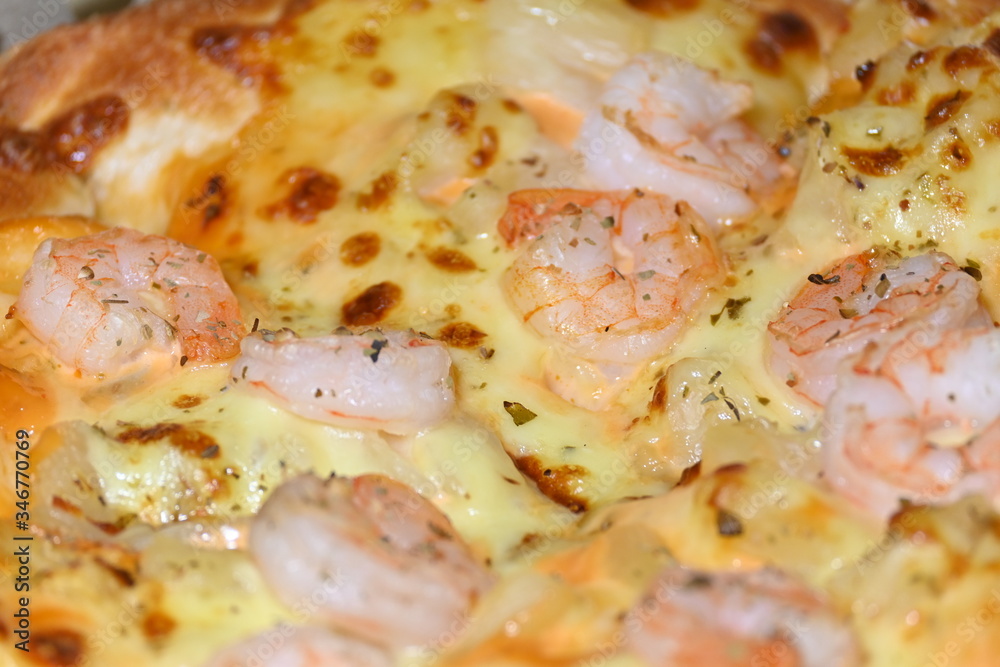 italian pizza cheese with pineapple and shrimp topping sea food italian pizza cheese with pineapple and shrimp topping sea food