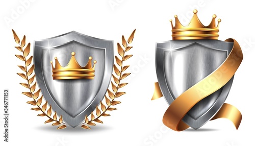 Set of 3d realistic vector metal shield with frames . Blank silver steel metallic panel with golden crown, ribbon and leaves award trophy or certificate template isolated on white background.