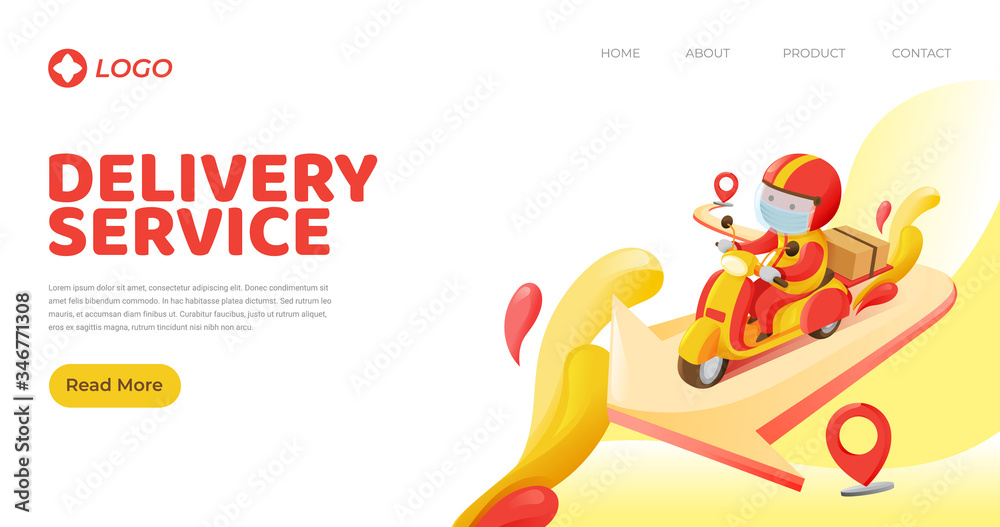 Fototapeta premium Landing Page Template of Delivery Man Carrying Box to Destination From Pick Up Spot Riding Motorcycle in Red and Yellow Color Scheme Premium Vector Illustration