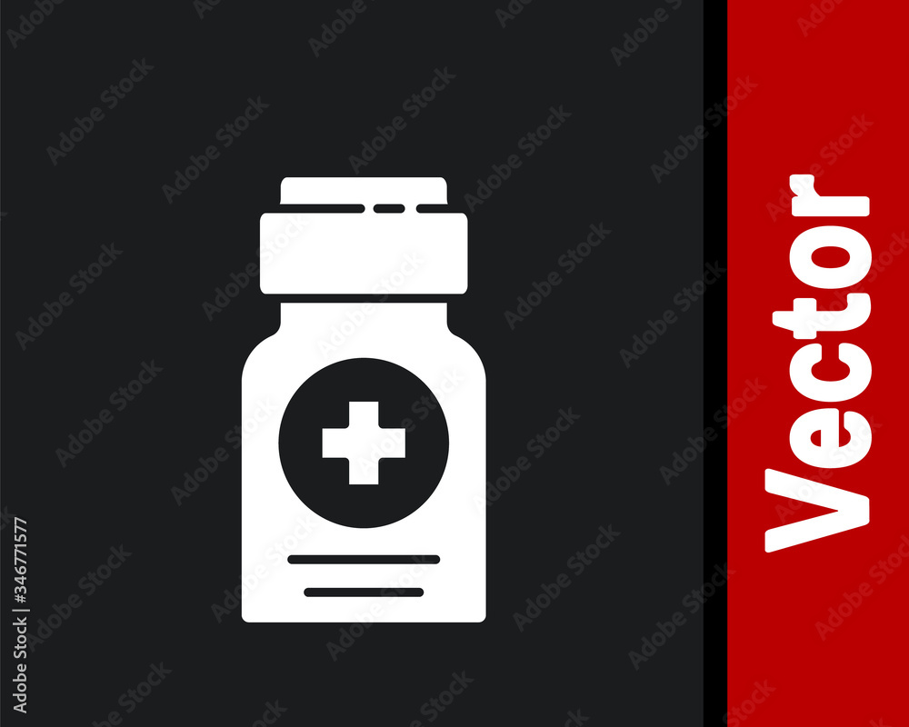 White Medicine bottle icon isolated on black background. Bottle pill sign. Pharmacy design. Vector Illustration White Medicine bottle icon isolated on black background. Bottle pill sign. Pharmacy design. Vector Illustration