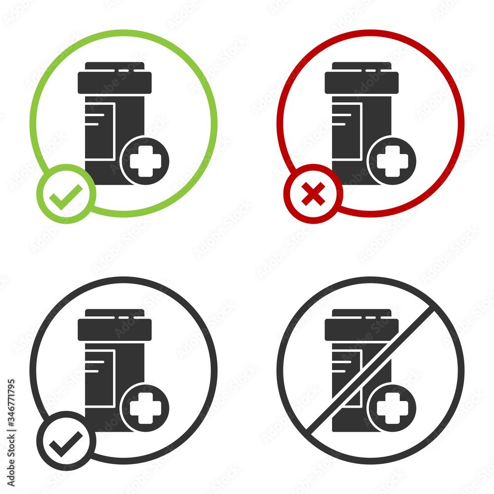 Black Medicine bottle icon isolated on white background. Bottle pill sign. Pharmacy design. Circle button. Vector Illustration Black Medicine bottle icon isolated on white background. Bottle pill sign. Pharmacy design. Circle button. Vector Illustration