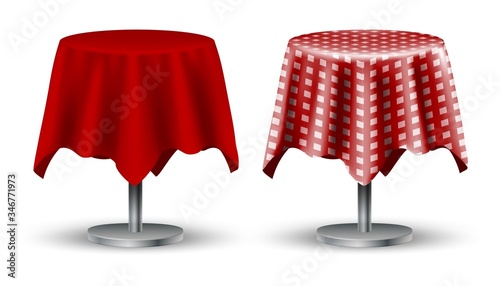 Set of two 3d realistic vector cafe tables with red tablecloth and checkered on top. Isolated on white background.