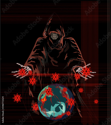 illustration about COVID-19. Death throws the virus to the ground. Stay at home and take care of yourself!