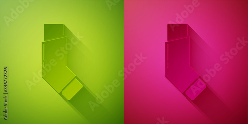 Paper cut Inhaler icon isolated on green and pink background. Breather for cough relief, inhalation, allergic patient. Paper art style. Vector Illustration