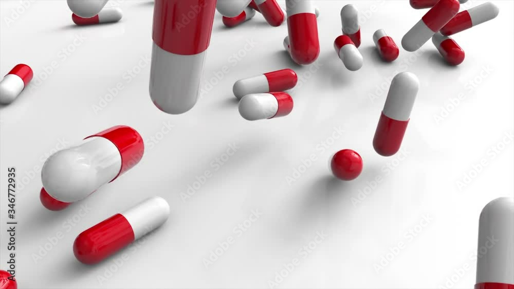 Red pharmaceutical capsules fall down on pile at the white background. 3D rendering with glossy closeup. Red pharmaceutical capsules fall down on pile at the white background. 3D rendering with glossy closeup.