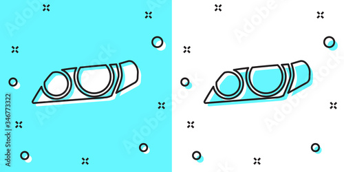 Black line Car headlight icon isolated on green and white background. Random dynamic shapes. Vector Illustration