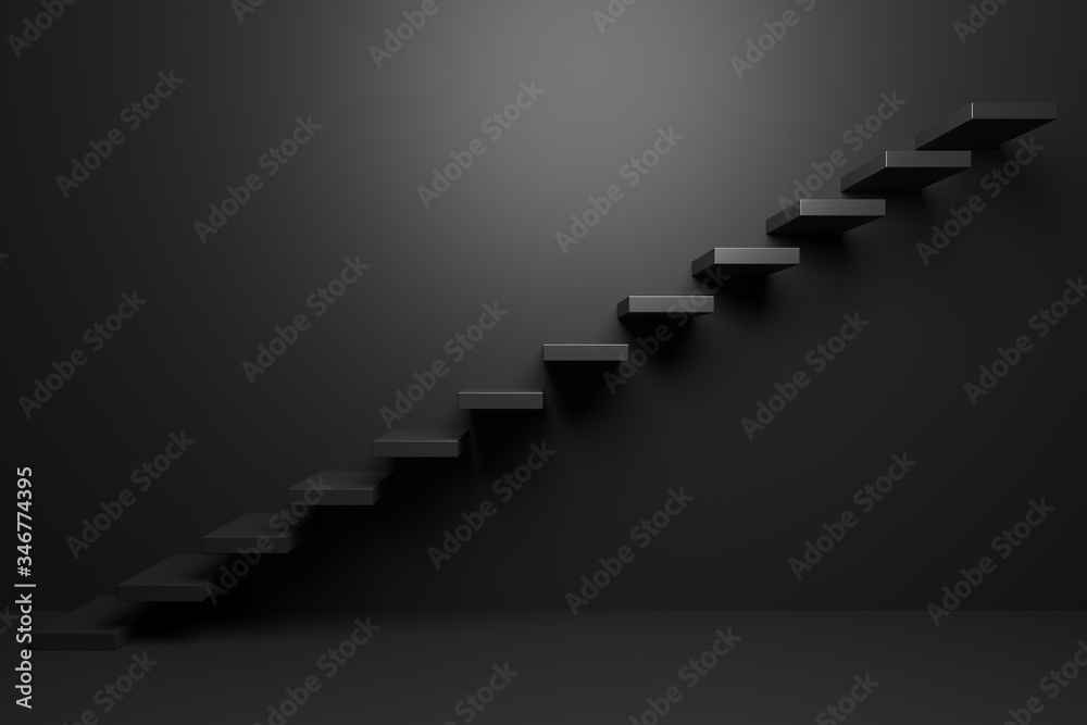 Black ascending stairs in black room 3D abstract illustration Black ascending stairs in black room 3D abstract illustration