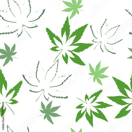 Leaves on a white background.Cannabis. Seamless vector texture for wallpaper, textile, fabric, packaging. © Ksenia