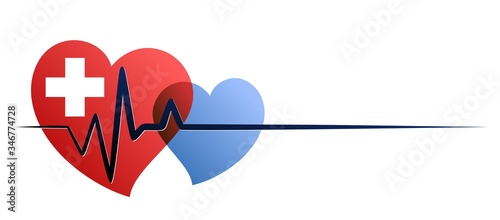 A red and blue heart symbol with cardiogram.