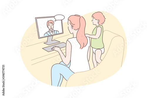 Family, video conference, communication concept. Cartoon character young woman mother with child kid baby daughter communicate chatting talking with man father online. Remote conversation illustration