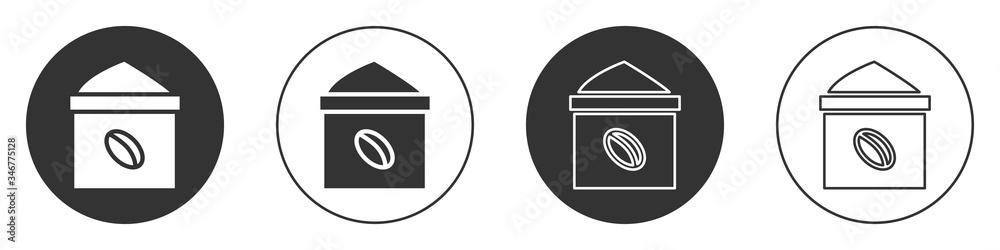 Black Bag of coffee beans icon isolated on white background. Circle button. Vector Illustration Black Bag of coffee beans icon isolated on white background. Circle button. Vector Illustration
