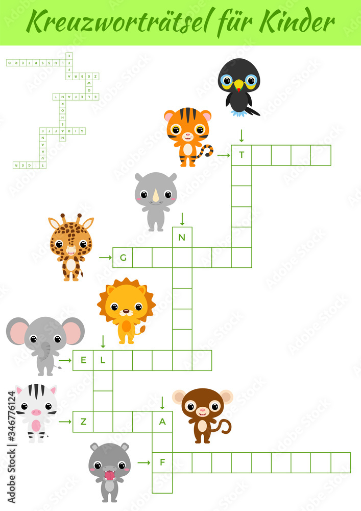 Kreuzworträtsel für Kinder - Crossword for kids. Crossword game with pictures. Kids activity worksheet colorful printable version. Educational game for study German words. Vector stock illustration. Kreuzworträtsel für Kinder - Crossword for kids. Crossword game with pictures. Kids activity worksheet colorful printable version. Educational game for study German words. Vector stock illustration.