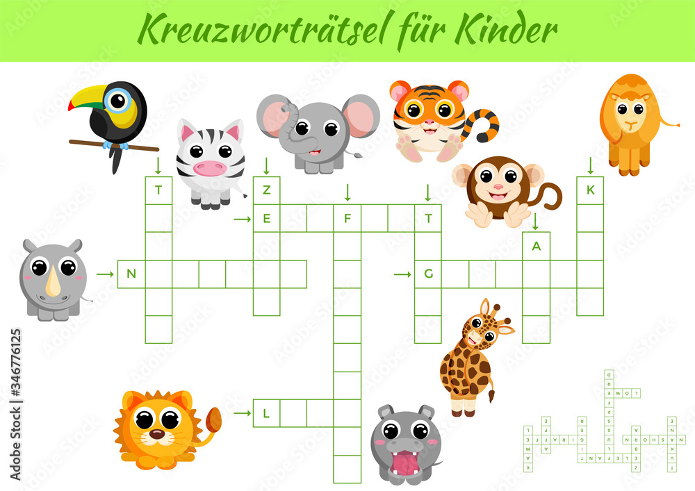 Kreuzworträtsel für Kinder - Crossword for kids. Crossword game with