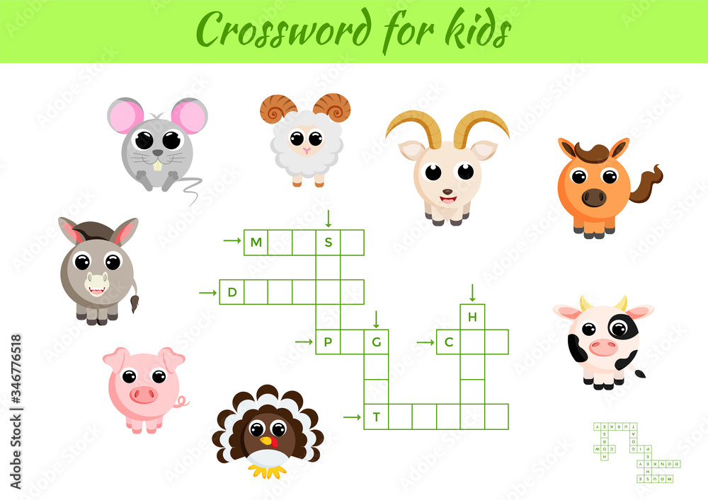 Fototapeta premium Crosswords game of animals for children with pictures. Kids activity worksheet colorful printable version. Educational game for study English words. Includes answers. Flat vector stock illustration.