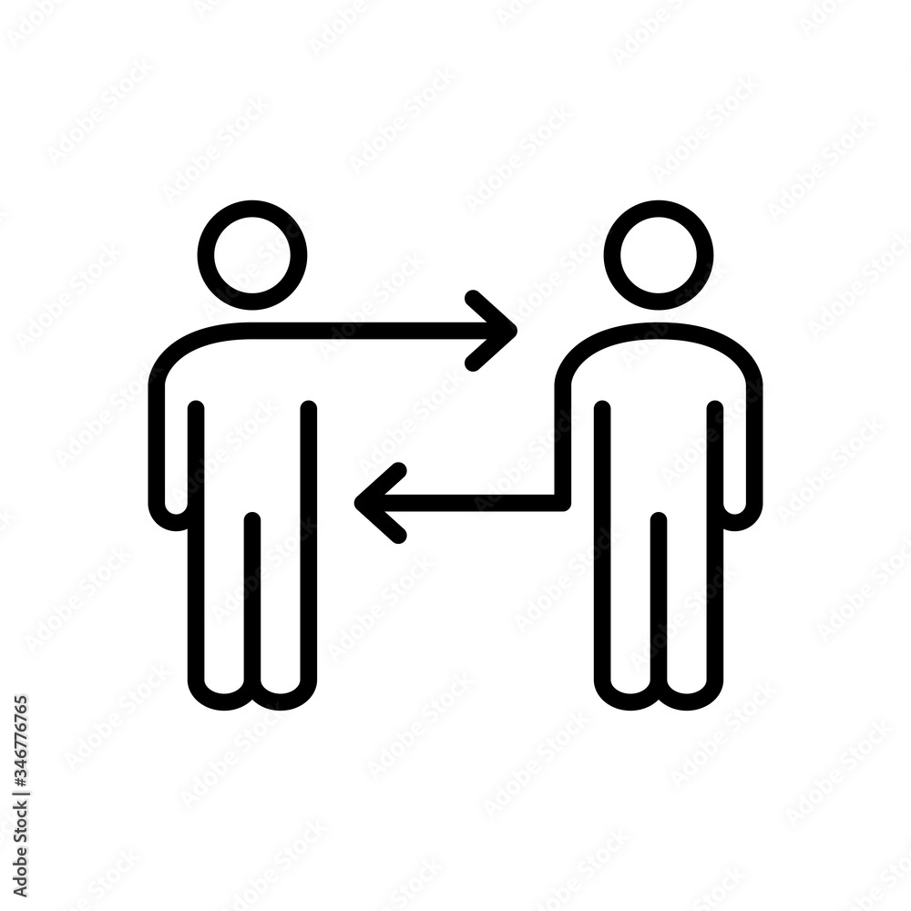 Símbolo distancia de seguridad. Icono plano lineal hombres con flechas en color negro Símbolo distancia de seguridad. Icono plano lineal hombres con flechas en color negro