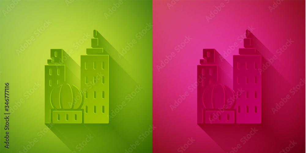 Paper cut City landscape icon isolated on green and pink background. Metropolis architecture panoramic landscape. Paper art style. Vector Illustration