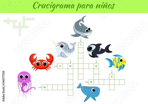 Crucigrama para niños - Crossword for kids. Crossword game with pictures. Kids activity worksheet colorful printable version. Educational game for study Spanish words. Vector stock illustration.