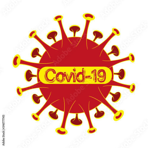 Ein großer rot gelber Virus mit leuchtendem Covid-19 Schriftzug. photo
