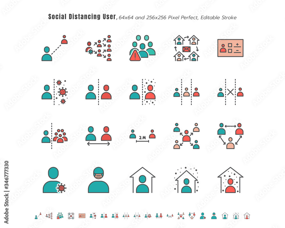 Simple Set of Social Distancing People or User. Coronavirus 2019 or Covid-19 Related. Such as Work from Home, Quarantine, Avoid Risk. Filled Outline Icons Vector. 64x64 Pixel Perfect. Editable Stroke.