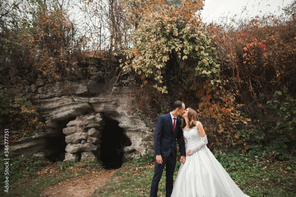Beautiful bride and groom embracing and kissing on their wedding day outdoors Beautiful bride and groom embracing and kissing on their wedding day outdoors