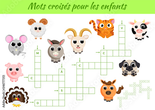 Mots crois  s pour les enfant - Crossword for kids. Crossword game with pictures. Kids activity worksheet colorful printable version. Educational game for study French words. Vector stock illustration.