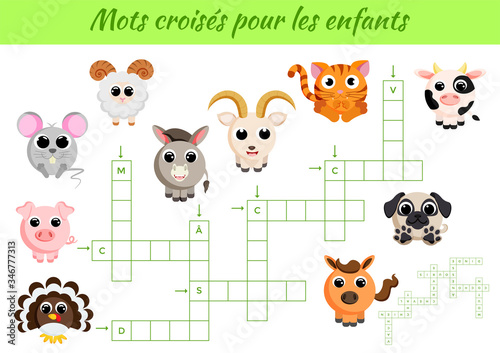 Mots croisés pour les enfant - Crossword for kids. Crossword game with pictures. Kids activity worksheet colorful printable version. Educational game for study French words. Vector stock illustration.