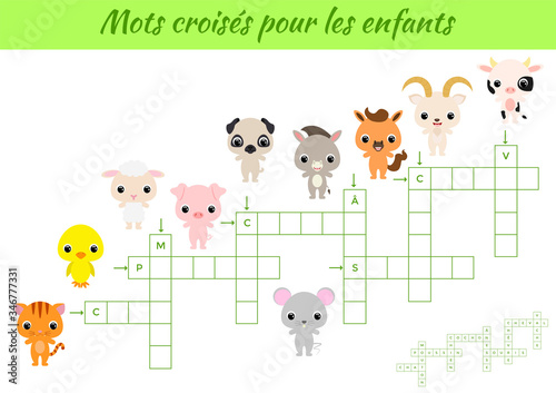 Mots croisés pour les enfant - Crossword for kids. Crossword game with pictures. Kids activity worksheet colorful printable version. Educational game for study French words. Vector stock illustration.