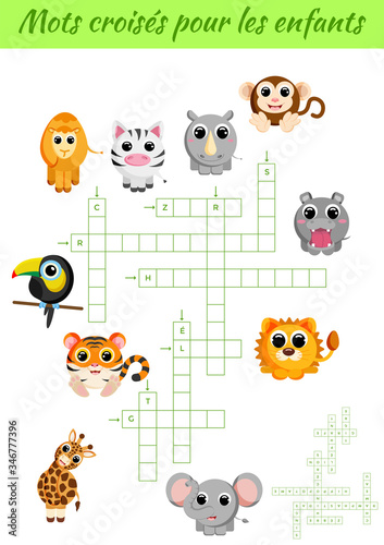 Mots crois  s pour les enfant - Crossword for kids. Crossword game with pictures. Kids activity worksheet colorful printable version. Educational game for study French words. Vector stock illustration.