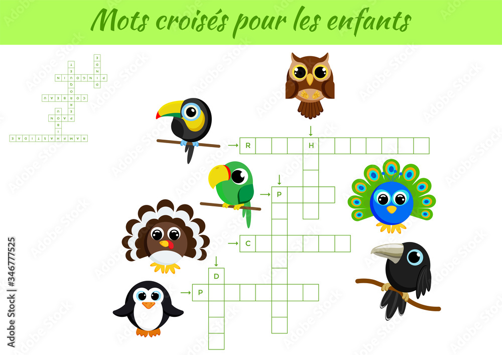 Mots croisés pour les enfant - Crossword for kids. Crossword game with pictures. Kids activity worksheet colorful printable version. Educational game for study French words. Vector stock illustration.