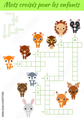Mots croisés pour les enfant - Crossword for kids. Crossword game with pictures. Kids activity worksheet colorful printable version. Educational game for study French words. Vector stock illustration.