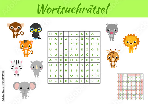 Wortsuchrätsel - Word search puzzle. Clip cards game template. Kids activity worksheet colorful printable version. Educational game for study German words. Includes answers. Vector stock illustration