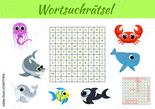 Wortsuchrätsel - Word search puzzle. Clip cards game template. Kids activity worksheet colorful printable version. Educational game for study German words. Includes answers. Vector stock illustration