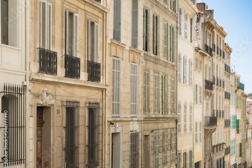 16 Aug 2018. restored building facade , apartment building in Marseille, France