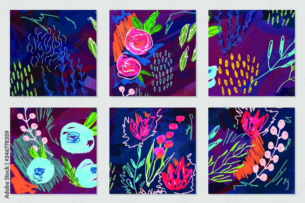 Set of vector creative artistic illustrations. Modern graphics for a greeting card, invite, web design . Flowers and leaves in freehand style drawn with real markers, acrylic paint and felt- tip pens.